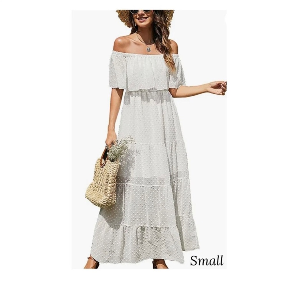 Women’s Off Shoulder Maxi Dress Polka Dots Short Sleeves High Waist